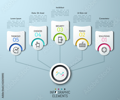 5 paper white elements, thin line icons and text boxes connected with main circle by lines. Workflow chart visualization concept. Infographic design layout. Vector illustration for website, brochure.