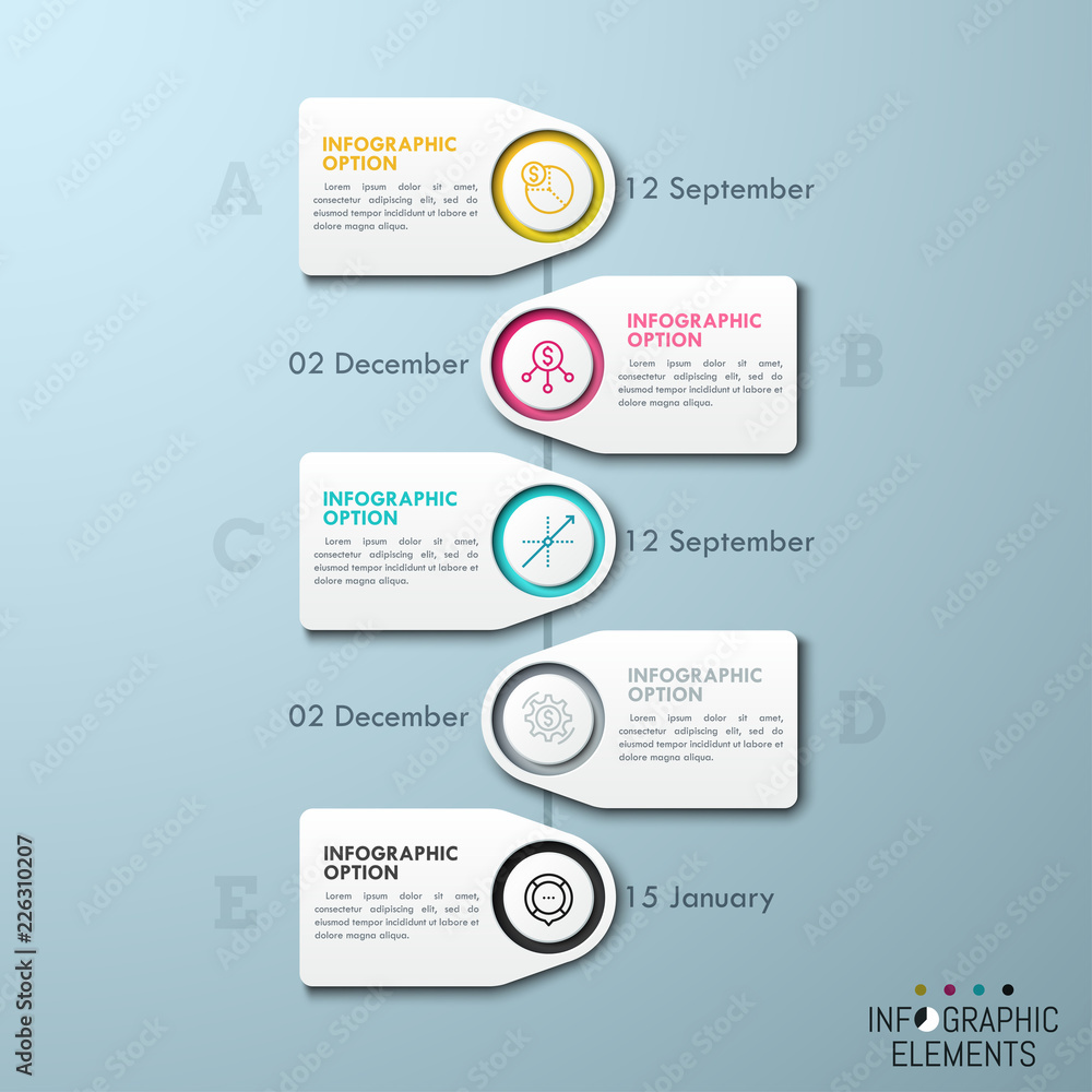 Vertical timeline with 5 lettered elements, icons, headings, text boxes and date indication. Modern infographic design template. Business planner and appointment manager concept. Vector illustration.