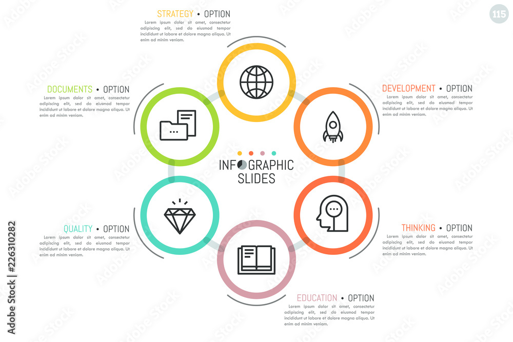 Circular diagram with 6 connected round elements, thin line symbols inside and text boxes. Simple infographic design template. Organization of business documents flow concept. Vector illustration. Circular diagram with 6 connected round elements, thin line symbols inside and text boxes. Simple infographic design template. Organization of business documents flow concept. Vector illustration.