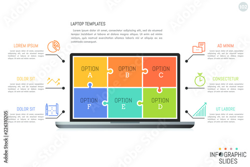 Minimal infographic design template with lettered options. Laptop screen divided into 6 colorful jigsaw puzzle pieces, icons and text boxes. Vector illustration for website, presentation, brochure.