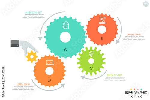 4 gear wheels with icons inside, arrows showing direction of their movement, hand that causes motion of mechanism and text boxes. Simple infographic design template. Vector illustration for brochure.