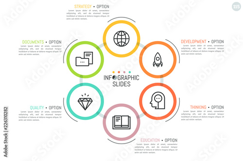 Circular diagram with 6 connected round elements, thin line symbols inside and text boxes. Simple infographic design template. Organization of business documents flow concept. Vector illustration.