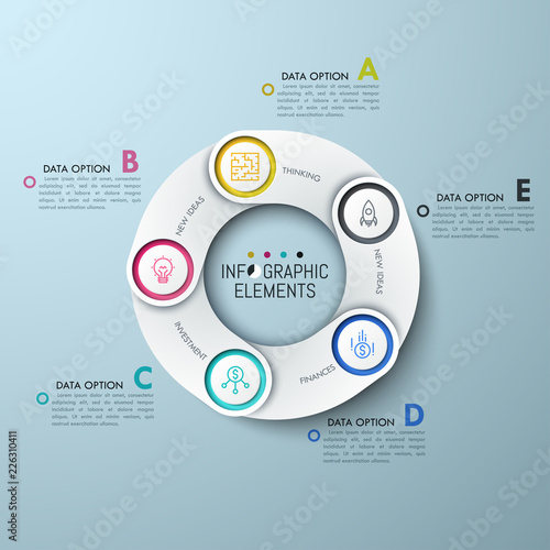 Circular chart with 5 white overlapping elements, thin line icons and lettered text boxes. Five links of production supply chain concept. Creative infographic design layout. Vector illustration.