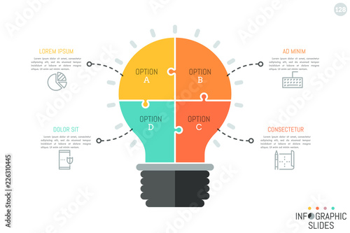 Jigsaw puzzle in shape of light bulb divided into 4 pieces. Minimal infographic design template. Idea creation and creative process concept. Vector illustration for brochure, presentation, report.