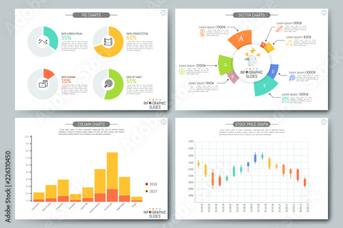 Colorful elements for pie, column and bar charts, sectoral diagrams, stock price graphs. Simple infographic design template. Vector illustration for website, brochure, presentation, statistics report.