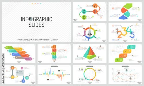 Big set of minimal infographic design templates. Graphs, workflow and bar charts, round and cutaway diagrams with percentage indication. Vector illustration for presentation, report, banner, website.