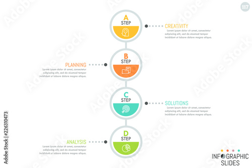 Vertical diagram, 4 connected round elements with letters, icons inside and text boxes. Minimalist infographic design layout. Four successive steps to goal achievement concept. Vector illustration.