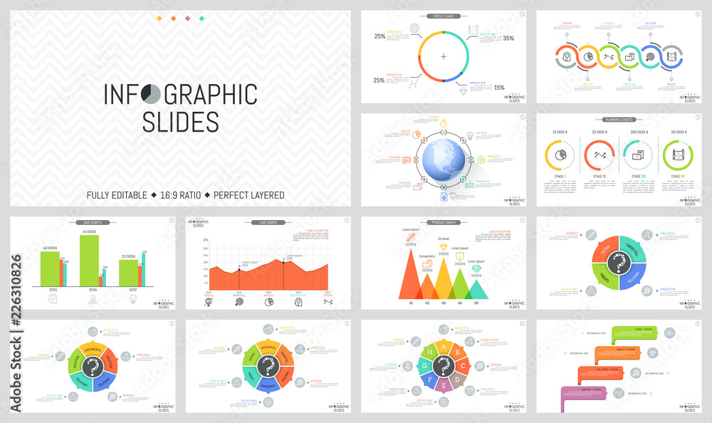 Big collection of simple infographic design layouts. Colorful bar charts, round diagrams with sectors, arrows and percentage indication. Vector illustration for presentation, report, banner, website.