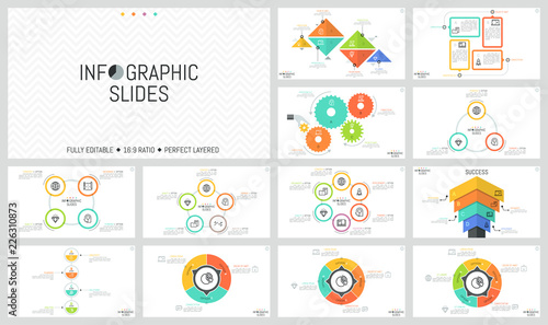 Big bundle of simple infographic design templates. Diagrams with round, triangular and rectangular elements, gear wheels, thin line symbols and text boxes. Vector illustration for website, brochure.