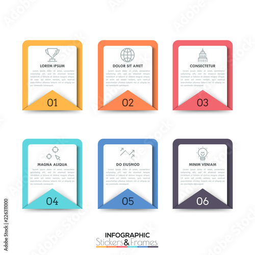 Six numbered rectangular elements with text boxes and thin line pictograms inside. Collection of 6 stickers and frames. Minimal infographic design layout. Vector illustration for presentation.