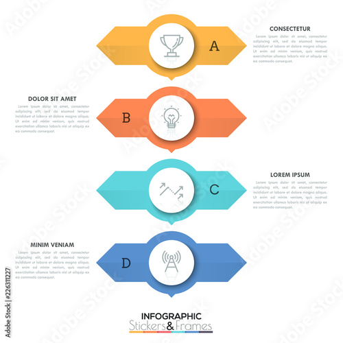Four round elements placed one above other with two arrows pointing in opposite directions and text boxes, 4 double-sided pointers concept. Creative infographic design layout. Vector illustration.