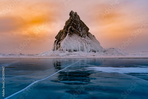 Rock on freeze water lake, Baikal Russia winter season natural landscape background