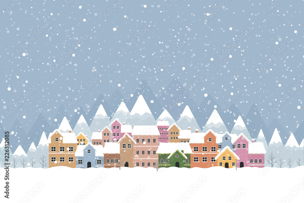 Winter town flat style with snow falling and mountain 001 Winter town flat style with snow falling and mountain 001