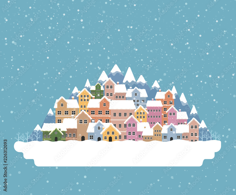 Winter town flat style with snow falling and mountain 003