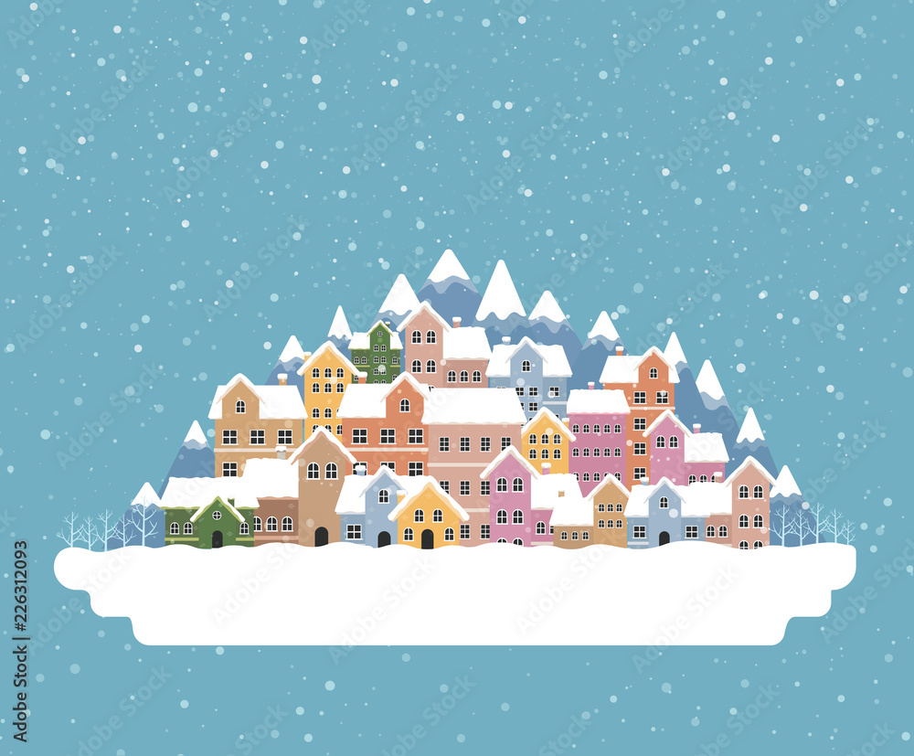 Obraz premium Winter town flat style with snow falling and mountain 003