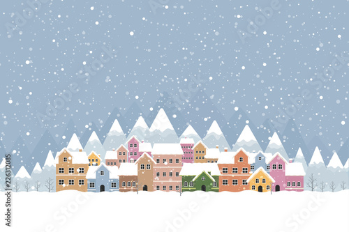 Winter town flat style with snow falling and mountain 001