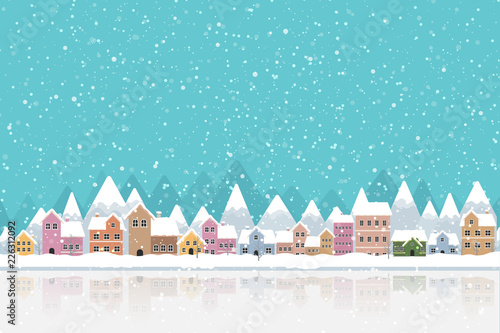 Winter town flat style with snow falling and mountain 002