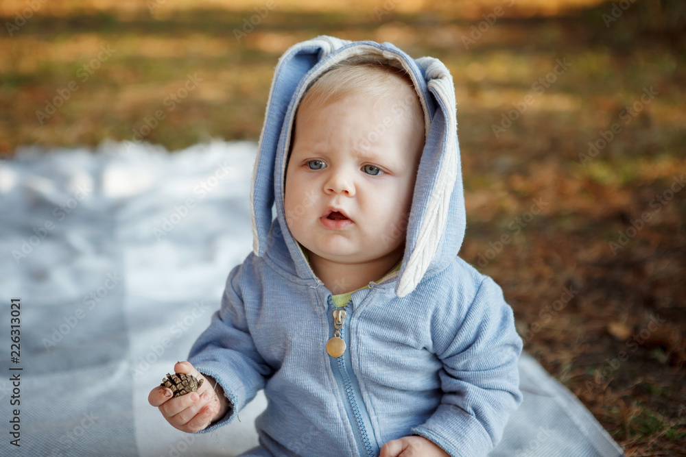 Seven-month baby Boy with blue eyes in a suit of a hare on a plaid in the autumn forest. Seven-month baby Boy with blue eyes in a suit of a hare on a plaid in the autumn forest.