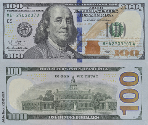 One hundred US dollar banknote front and back