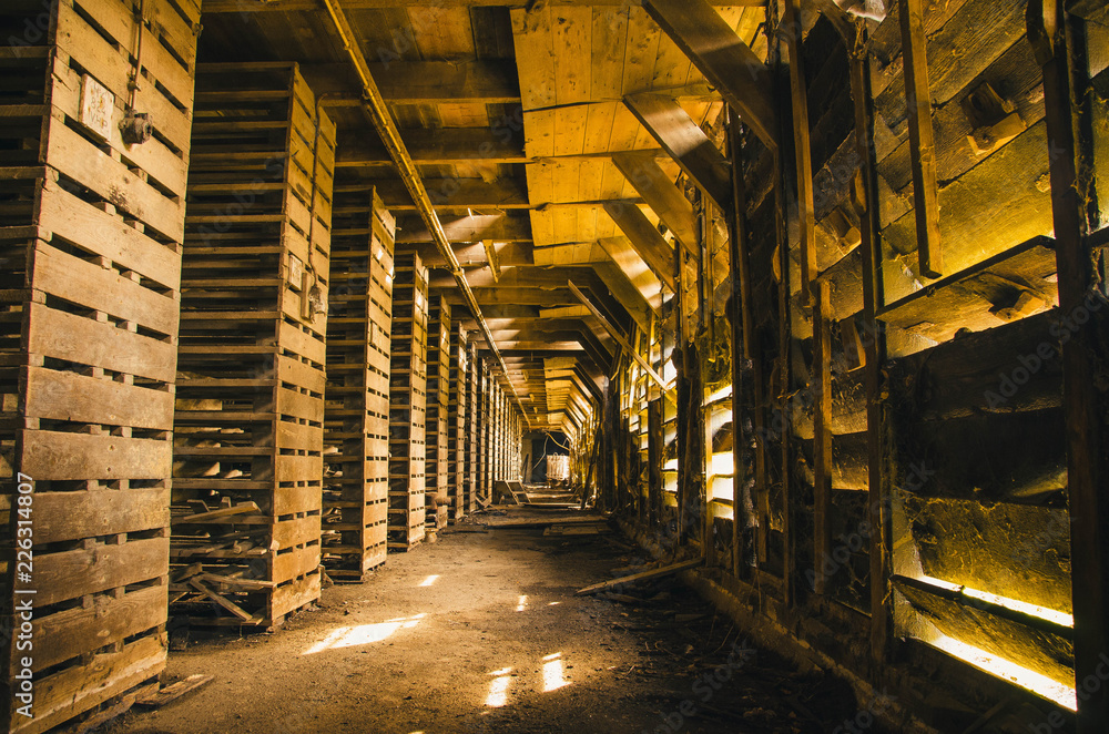 Fototapeta premium A hallway in a old factory in the Netherlands that was used in the early 50's. This factory was used to make roof tiles, and now it is abandoned for a long time.