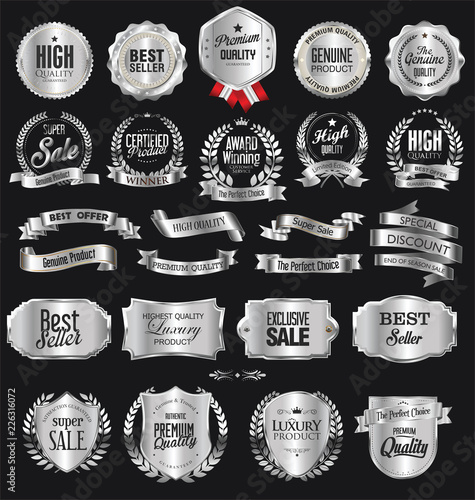 Collection of silver badges and labels retro design photo