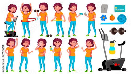Fat Teen Girl Poses Set Vector. Friendly, Cheer. Diet, Fitness, Health. For Banner, Flyer, Brochure Design. Isolated Cartoon Illustration