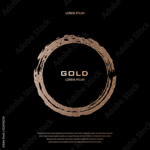 Bronze glitter, sparkles pattern. Copper frame on a black background. Patina, golden quartz circle. Luxury border, logo design element. Hand drawn, rose shape vector Illustration. Blush gold round.