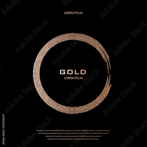 Bronze glitter, sparkles pattern. Copper frame on a black background. Patina, golden quartz circle. Luxury border, logo design element. Hand drawn, rose shape vector Illustration. Blush gold round.