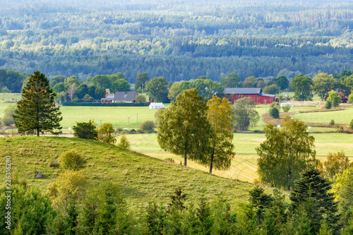 View of rolling hills and woods at a farm