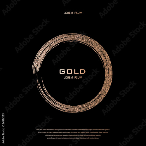 Bronze glitter, sparkles pattern. Copper frame on a black background. Patina, golden quartz circle. Luxury border, logo design element. Hand drawn, rose shape vector Illustration. Blush gold round.