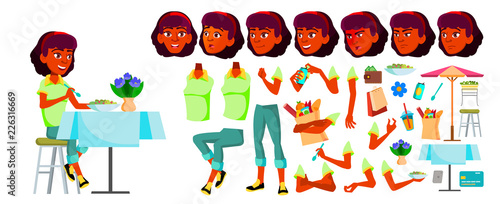 Teen Girl Vector. Animation Creation Set. Face Emotions, Gestures. Indian, Hindu. Asian. Emotional, Pose. Animated. For Postcard, Cover, Placard Design. Isolated Cartoon Illustration