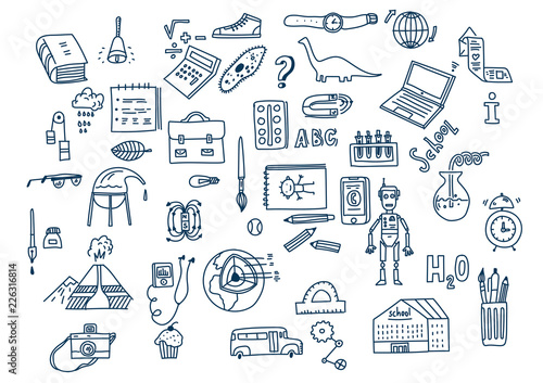 Hand drawn vector doodle school icons and symbols.