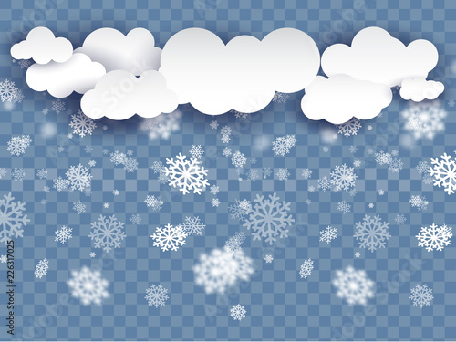 Fototapeta Naklejka Na Ścianę i Meble -  Vector heavy snowfall, snowflakes in different shapes and forms. Many white cold flake elements on transparent background. White snowflakes flying in the air. Snow flakes, snow background.