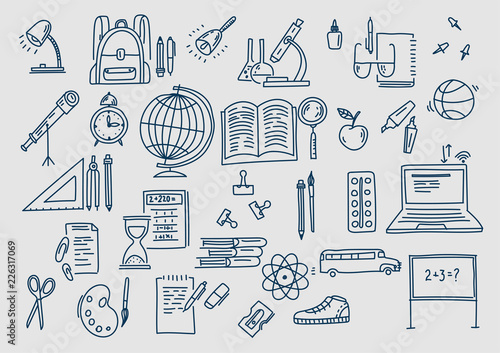 Hand drawn vector doodle school icons and symbols.