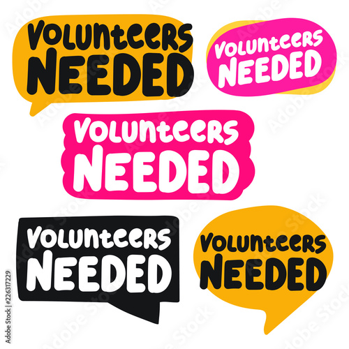 Volunteers needed. Set of badges, icons. Vector illustrations on white background.
