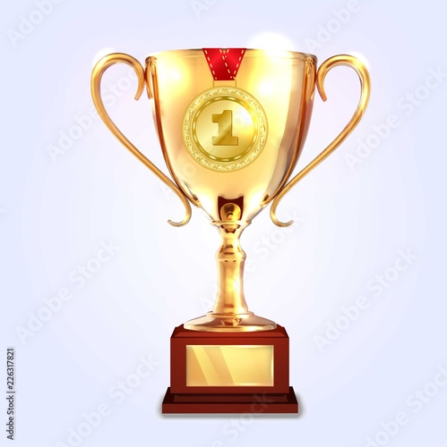 Winner gold cup with medal. Vector illustration.