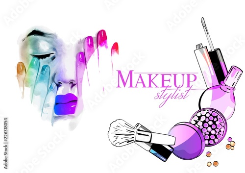 Beautiful pin-up style sexy woman dreaming about beauty products for makeup. Beauty and fashion industry advertising banner vector illustration 
