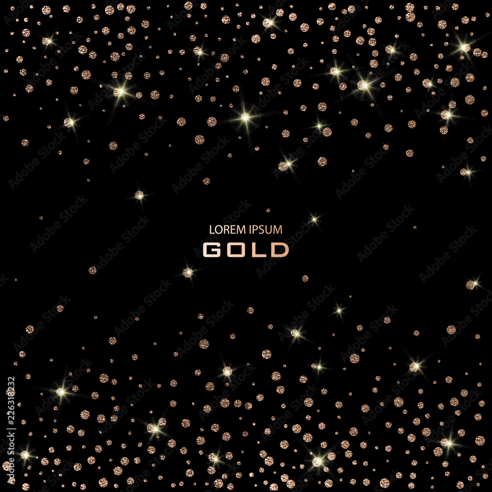 Golden Festive confetti. Bronze Polka dot. Gold glitter background for the  card, invitation. Copper Holiday Decorative element. Illustration of  falling shiny particles on black background. Stock Vector | Adobe Stock
