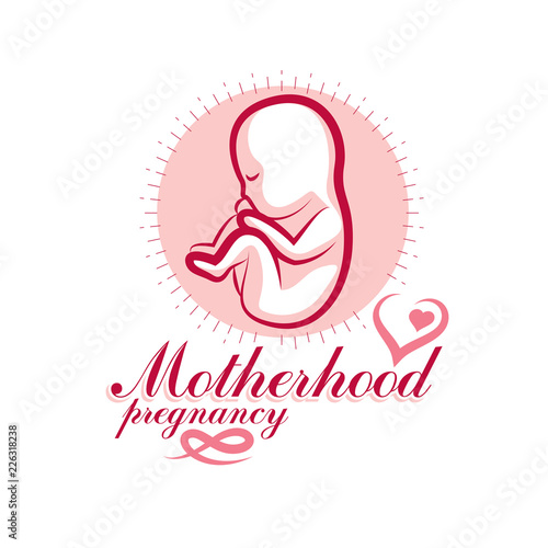 Vector embryo emblem. New life beginning drawing. Gynecology and pregnancy medical care clinic conceptual emblem