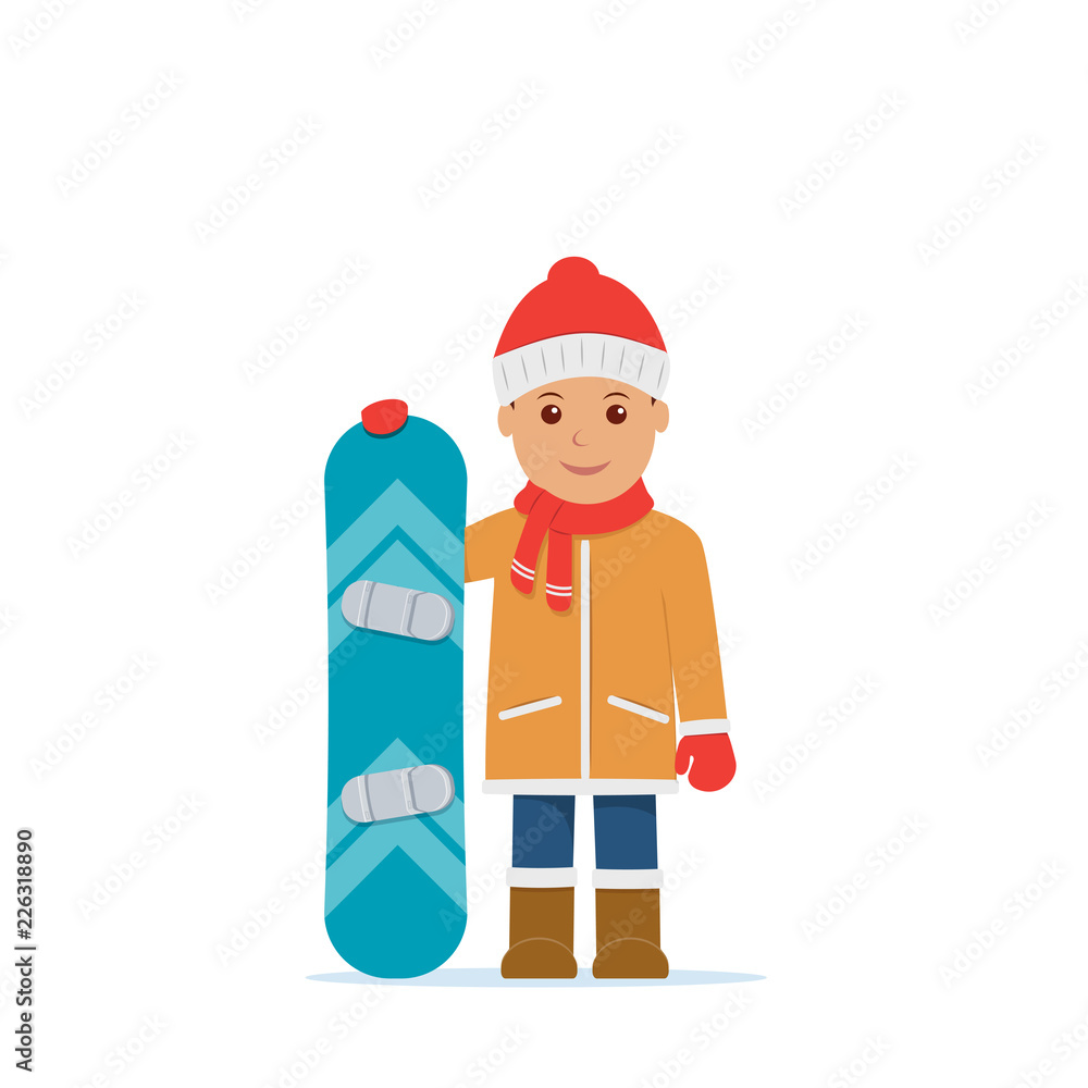 Cute boy hold snowboard. Winter sport, snowboarding. Vector illustration in flat style Cute boy hold snowboard. Winter sport, snowboarding. Vector illustration in flat style