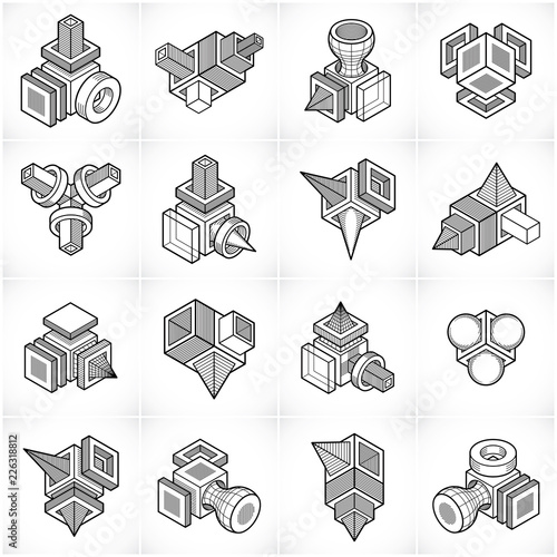 Abstract vectors set, isometric dimensional shapes collection.