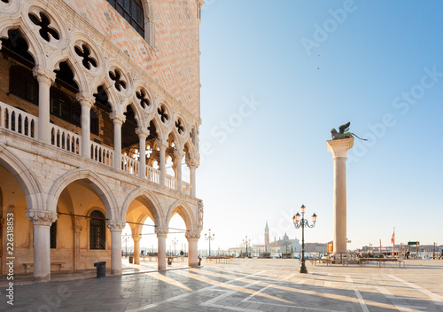 Palace of Doges facade detail and San Marco square in Venice, Italy © neirfy