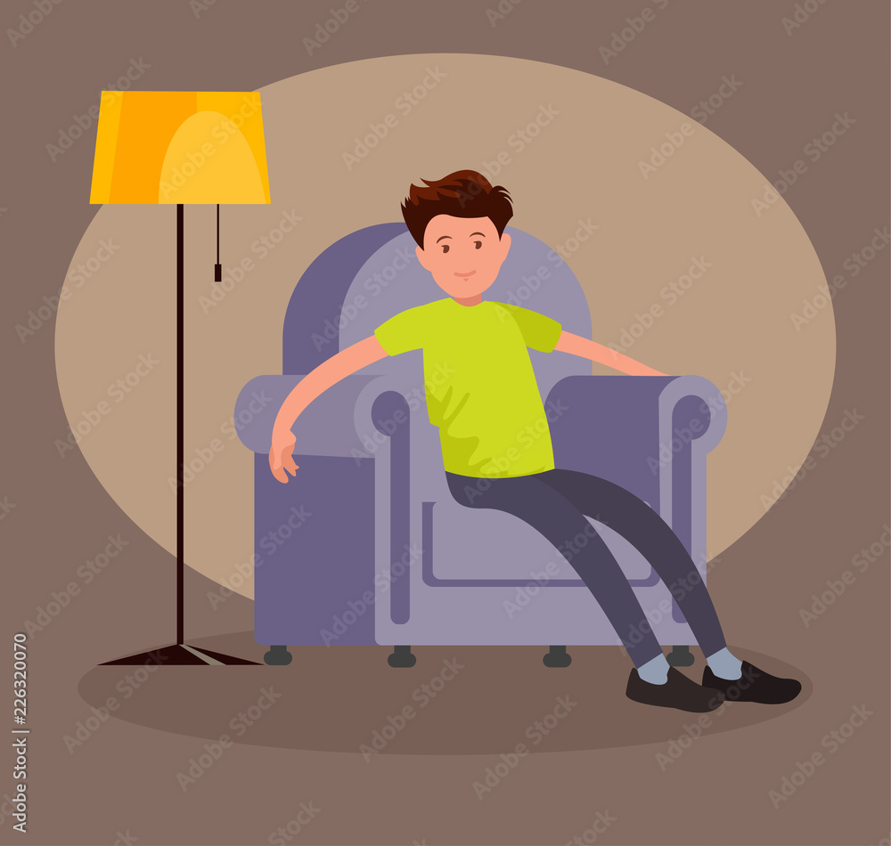 A tired man came home from work and sits in a soft chair. A tired man came home from work and sits in a soft chair.