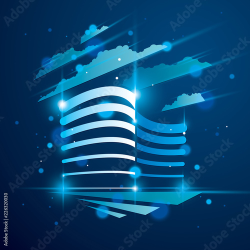 Office building, modern architecture vector illustration with blurred lights and glares effect. Real estate realty business center blue design. 3D futuristic facade in big city.