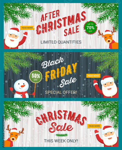 Christmas sale banners set. Santa Claus, snowman and reindeer. Vector illustration