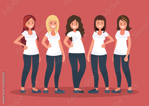 Group of happy women in white t-shirts on pink background.