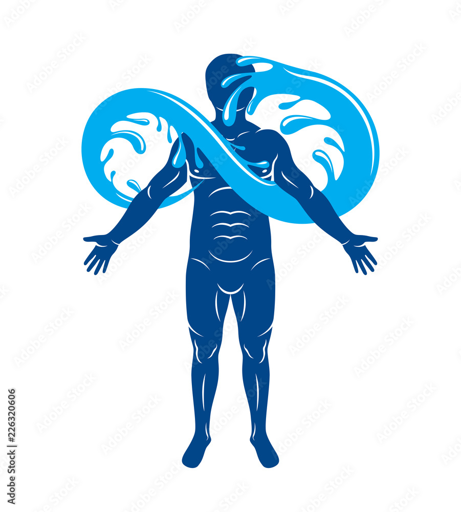 Vector graphic illustration of muscular human, mystic Poseidon composed with limitless symbol created from water wave. Continuous harmony of human and nature.