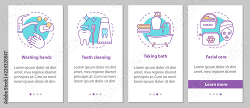 Hygiene onboarding mobile app page screen with linear concepts