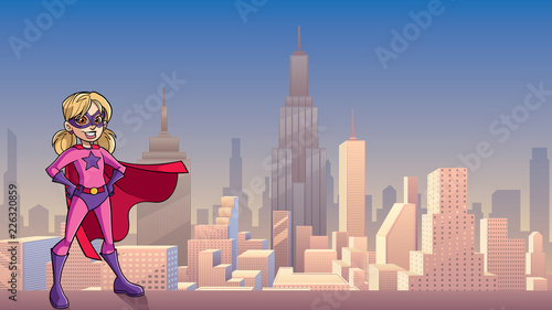 Illustration of a super heroine girl smiling happy while wearing a red cape against city background with copy space.