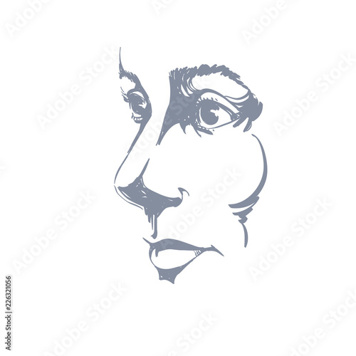 Artistic hand-drawn vector image, black and white portrait of delicate stylish girl. Emotions theme illustration. Peaceful and confident personality, visage features.